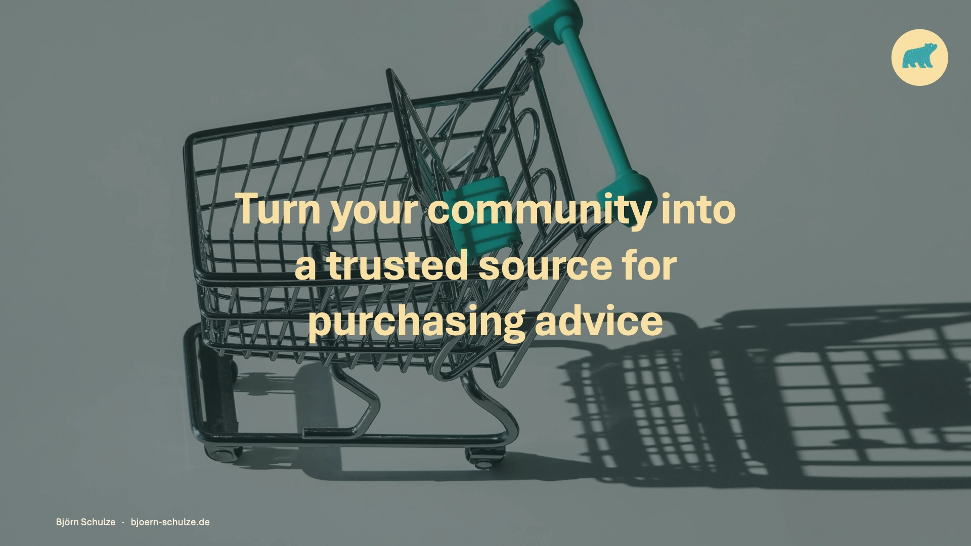 Turn your community into a trusted source for purchasing advice. A miniature shopping cart with teal handles.