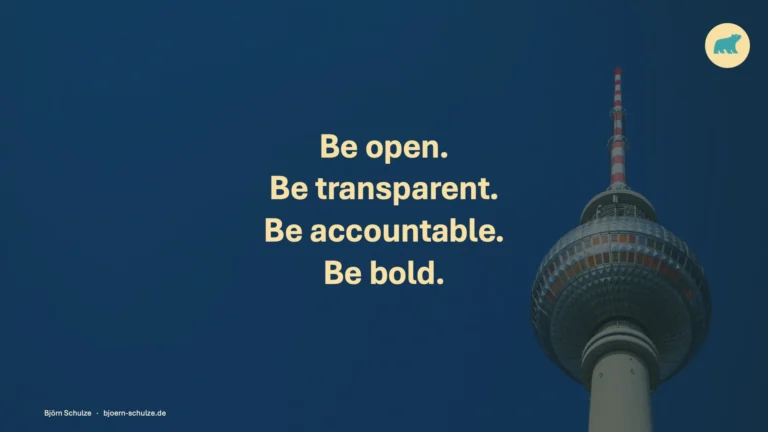 Graphic stating four principles: be open, transparent, accountable and bold.
