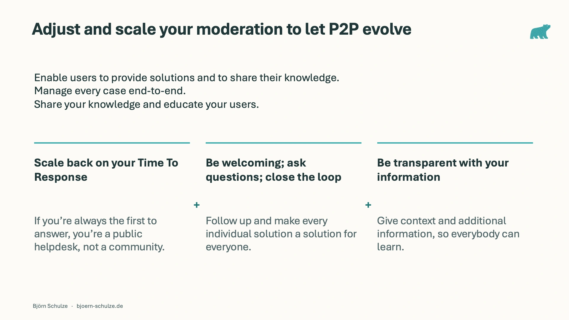 Drei Praktiken zur Peer-to-Peer-Moderation: Zeit zum Antworten geben, Community-Mitglieder willkommen heißen, Rückmeldungen schließen und transparent Kontext teilen.